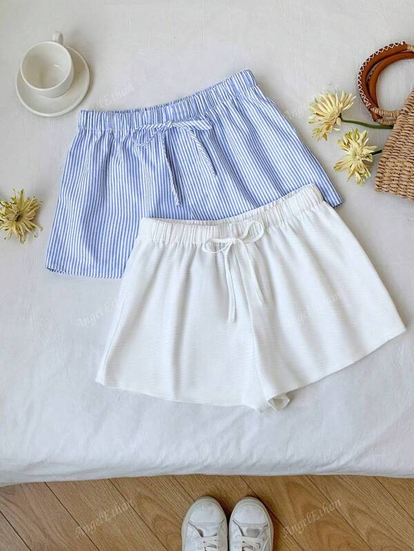 Shorts feminino casual listrado e de cor sólida com cintura amarrada e caimento solto