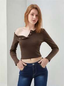 Women Long Sleeve T-Shirts Solid Color Buttons Oblique Shoulder Casual Shirts Spring Slim Fit Tops Streetwear