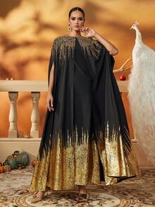 AmazingHoney Elegant Black And Gold Gradient Formal Gown, Handcrafted With Heavy Embellishment, Women's Floor-Length Evening Dress For Prom, Gala, And Weddings,Prom Dresses For Women,Arabian Dresses For Women,Abaya Dress,Kaftan Dress