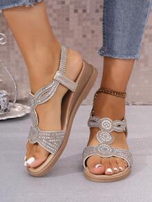 1 双青少年女孩罗马风格凉鞋，全新夏季时尚水钻坡跟软底拖鞋 - 金色 - 查看 4