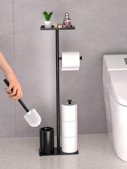 Boîte de rangement de salle de bain gain de place, support de papier toilette sur pied avec brosse de nettoyage et porte-mouchoirs, étagère de stockage murale résistante à l'humidité pour un accès facile