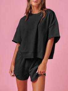 Fisoew Women's 2 Piece Outfits - High Waist Casual Tracksuit Set, Oversized Cropped Sweatshirt & Running Shorts, Summer Y2K Streetwear, Fashion Matching Lounge Set - 黑色 - 查看 2