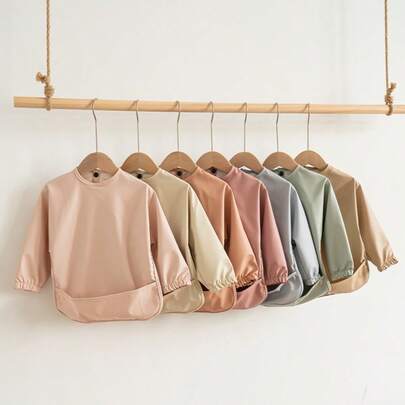 1 件柔软 PU 长袖防水喂奶围兜，婴儿围兜纯色，长袖喂奶围兜，反穿，纯色，婴幼儿围兜套装