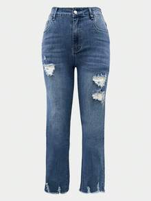 Women Jeans Mid Waisted Stretchy Ripped Distressed Tummy Control Straight Ankle Jean For Women 2025 - Blue - View 4