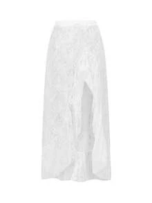 Women's Lace Long Skirts Vintage High Waist Solid Color Asymmetrical Hem Ruffle Midi Skirts Flowy Skirts