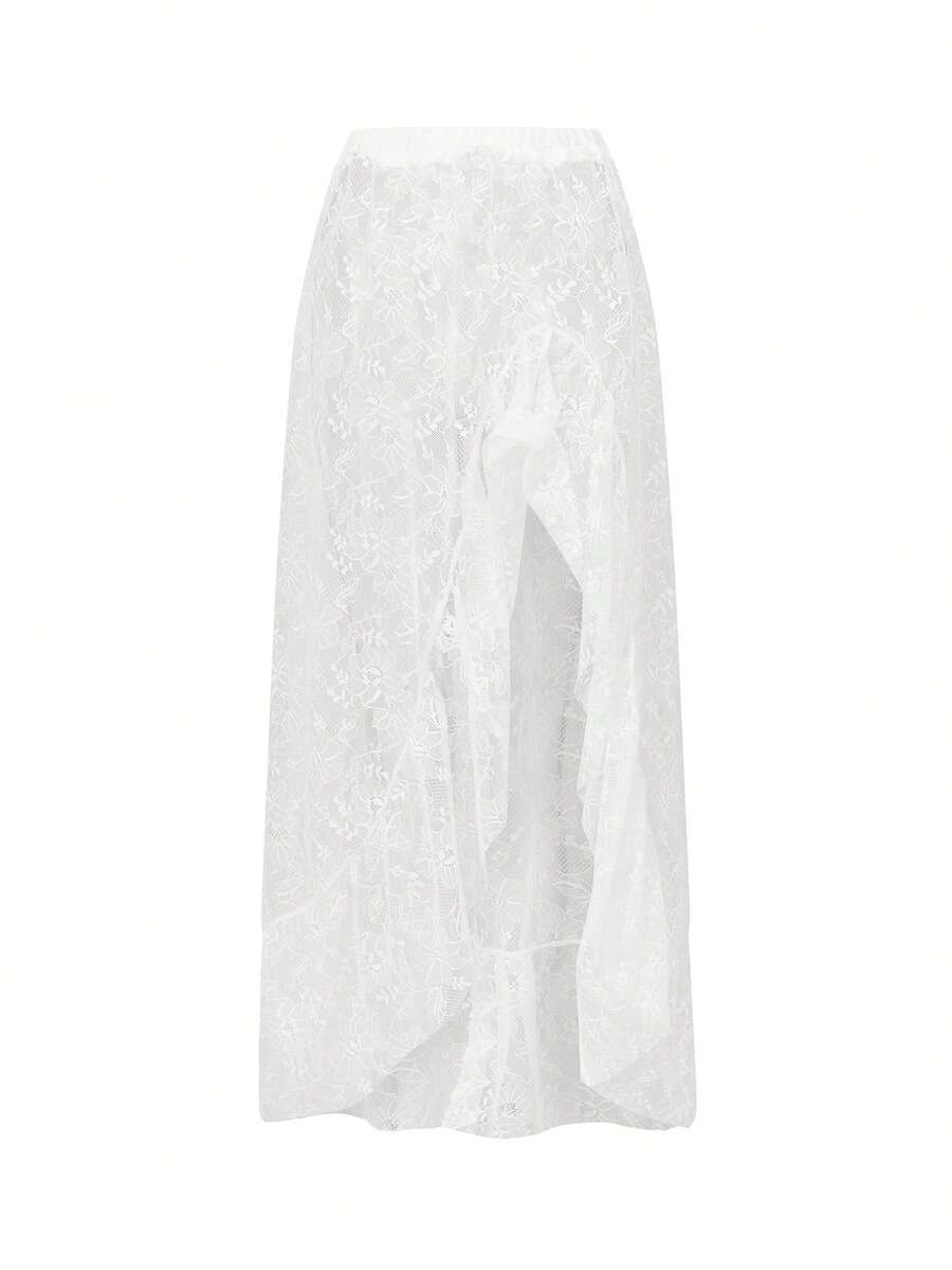 Women's Lace Long Skirts Vintage High Waist Solid Color Asymmetrical Hem Ruffle Midi Skirts Flowy Skirts