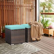 Wicker Outdoor Storage Ottoman, 2-Piece Rattan Footstool W/Removable Cushion, Multipurpose Footrest Stool Side Table Additional Seating, Set Of 2 Outdoor Ottomans For Patio Deck - Turquoise - View 1