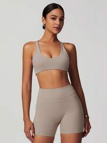 MASKERT Spring And Summer Women's Sports Suit, Vest Set, Fitness Set, Yoga Suit, Tight Fitting Running Exercise Set, High Elasticity Set, Comfortable And Skin Friendly For Home Leisure - Màu Khaki - Xem 1