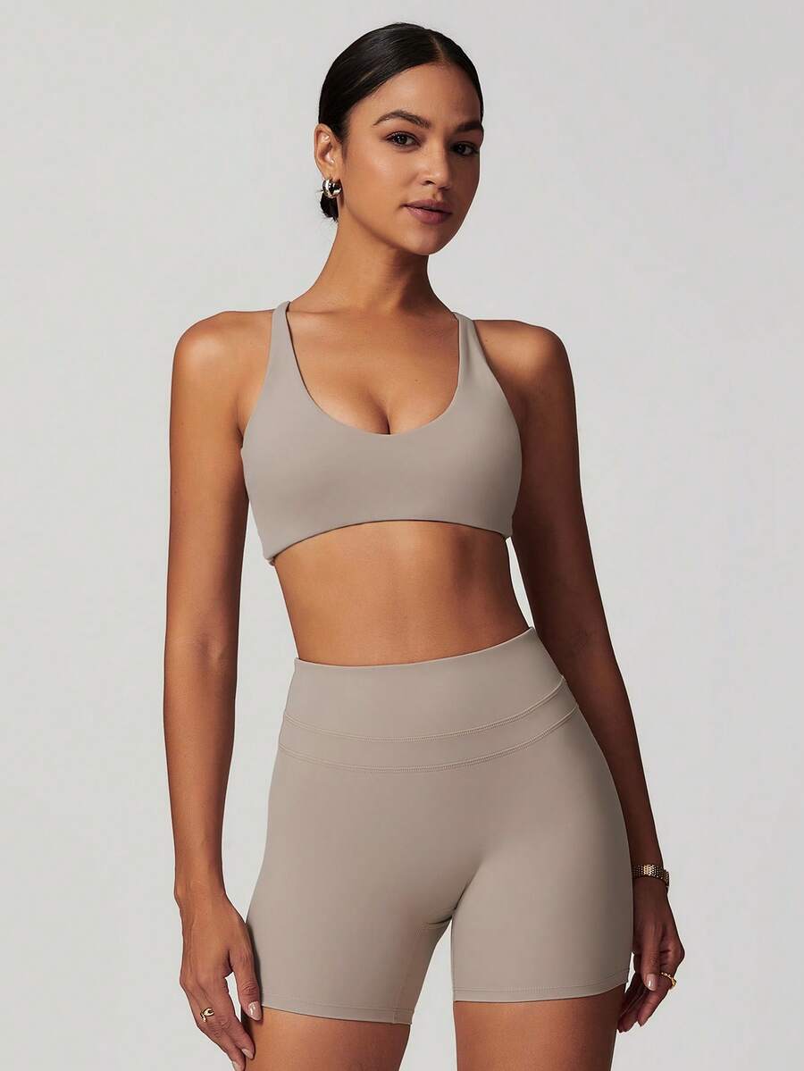 MASKERT Spring And Summer Women's Sports Suit, Vest Set, Fitness Set, Yoga Suit, Tight Fitting Running Exercise Set, High Elasticity Set, Comfortable And Skin Friendly For Home Leisure - Màu Khaki - Xem 1