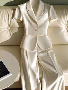 2 件套女士泡泡袖上衣和长裤商务套装、工作装 - 香檳色 - 查看 1