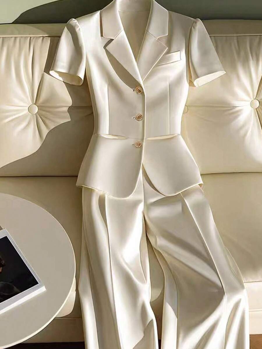 2 件套女士泡泡袖上衣和长裤商务套装、工作装 - 香檳色 - 查看 1