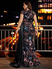 Plus Size Women's Spring/Summer Elegant High-Quality Colorful Embroidery, Sequin Patchwork Fitted Cap Sleeve Formal Banquet Party Mother Gown Dress, Luxury V-Neck Flared Maxi Dress (Heavily Embellished) - 黑色 - 查看 4