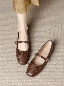 Women's Fashion Square Toe Slip-On Brown Bowknot Shoes, Casual Office Versatile Flats For Spring Summer Outdoor, High-End Quality Ballet Flats For Party Wedding - màu nâu - Xem 3
