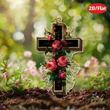 1 pieza, decoración de cruz de flor plana 2D de acrílico, de pie en el suelo, utilizada para jardines exteriores, céspedes, letreros de patios, obras de arte decorativas
