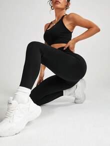 1 szt. Damskie legginsy Basic 7/8 Yoga Belt, do biegania, ćwiczeń, fitnessu, czarne