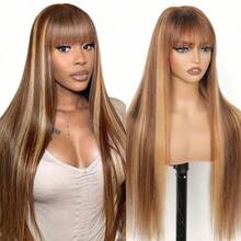 Highlight Straight Human Hair Wig With Bangs 250% Density #4/27 Piano Color Brown And Honey Blonde Highlight Straight Bangs Wig Put On Go Wigs 8-34 Inch Long Straight None Lace Human Wig With Bangs Soft And Silky - Rooted & Ombre - View 2