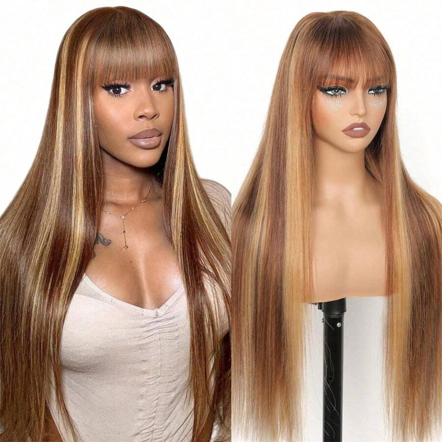Highlight Straight Human Hair Wig With Bangs 250% Density #4/27 Piano Color Brown And Honey Blonde Highlight Straight Bangs Wig Put On Go Wigs 8-34 Inch Long Straight None Lace Human Wig With Bangs Soft And Silky