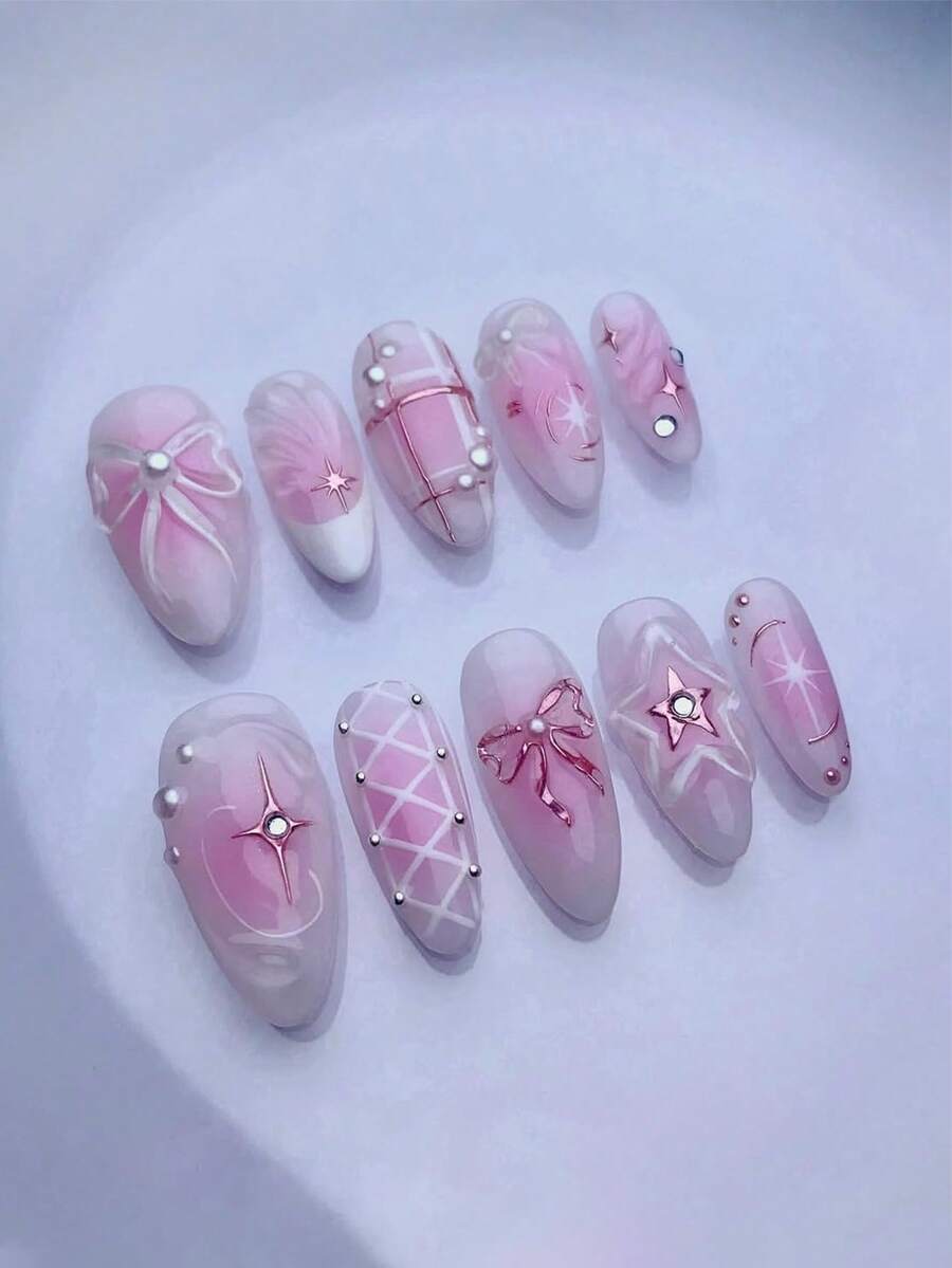 10 件 Y2K 芭蕾风格甜美杏仁形短款手工 3D 树脂水钻蝴蝶结和星星装饰按压式假指甲，可爱的芭蕾美学适合日常佩戴、约会、下午茶、外出美甲用品 - 彩色 - 查看 1