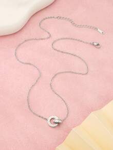 1件银色奢华罗马数字双圆吊坠项链，立方氧化锆不锈钢圆形项链，女士饰品 - 銀色 - 查看 4