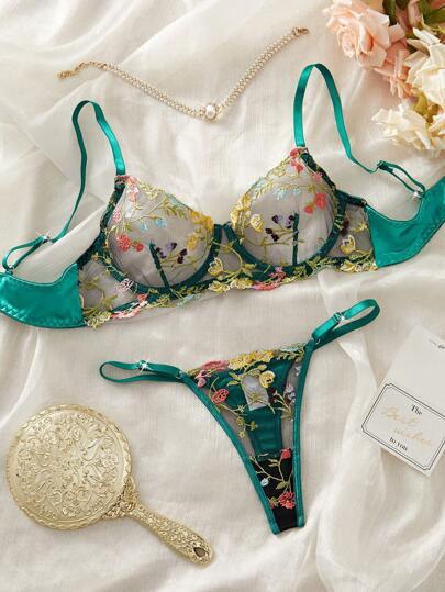 Women Groen Bloemen Geborduurde Mesh Verleidelijke Lingerie Set Includes Sensual Thong, Intimate Valentine, Ultrathin BH