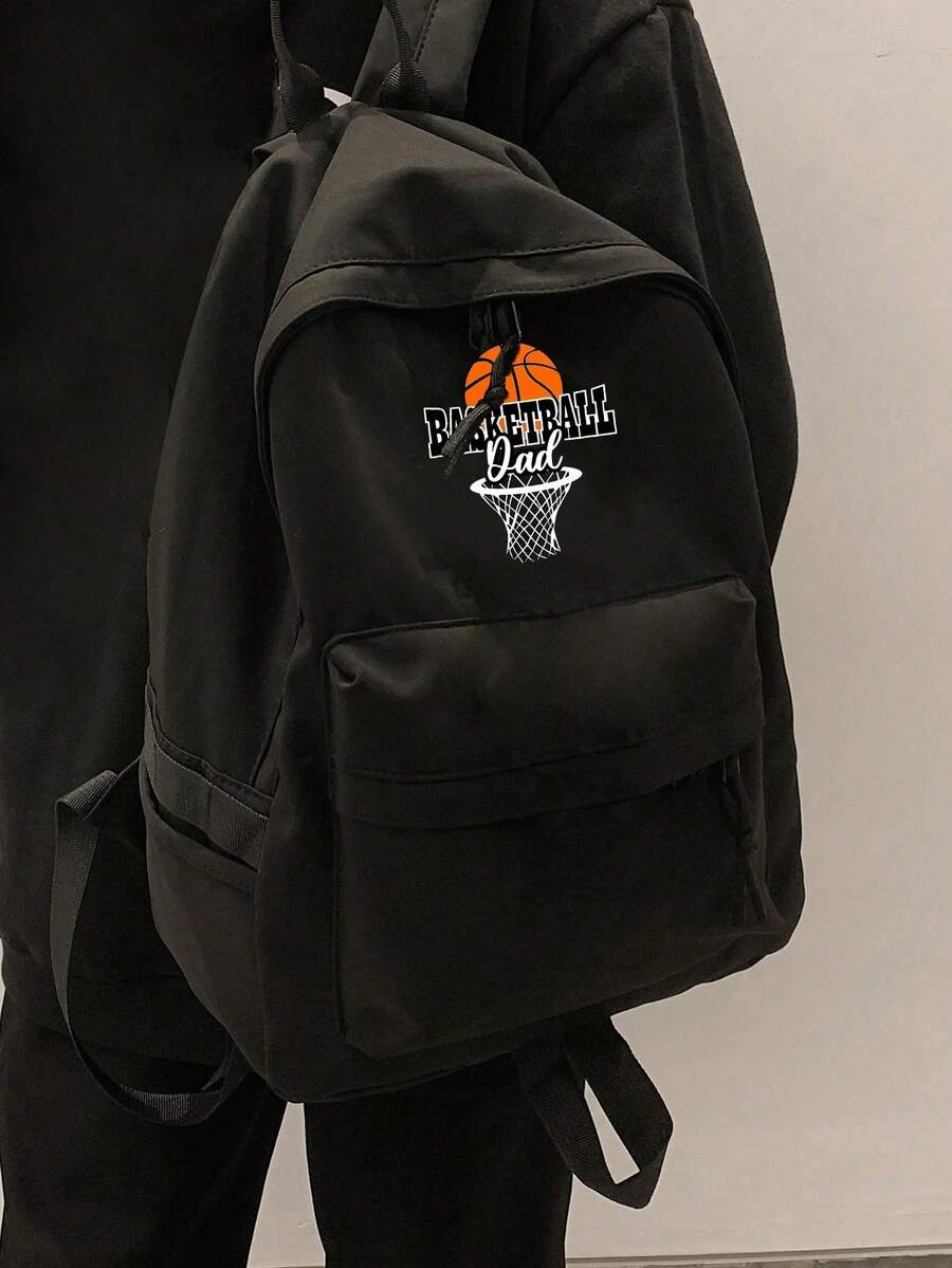 Minimalist Solid Color Backpack Multifunctional Boys And Girls Preppy Campus Backpack Versatile Nylon Travel Backpack Large Capacity Letter Label Decoration Simple Casual Schoolbag Suitable For Girls, Women - Black - View 1