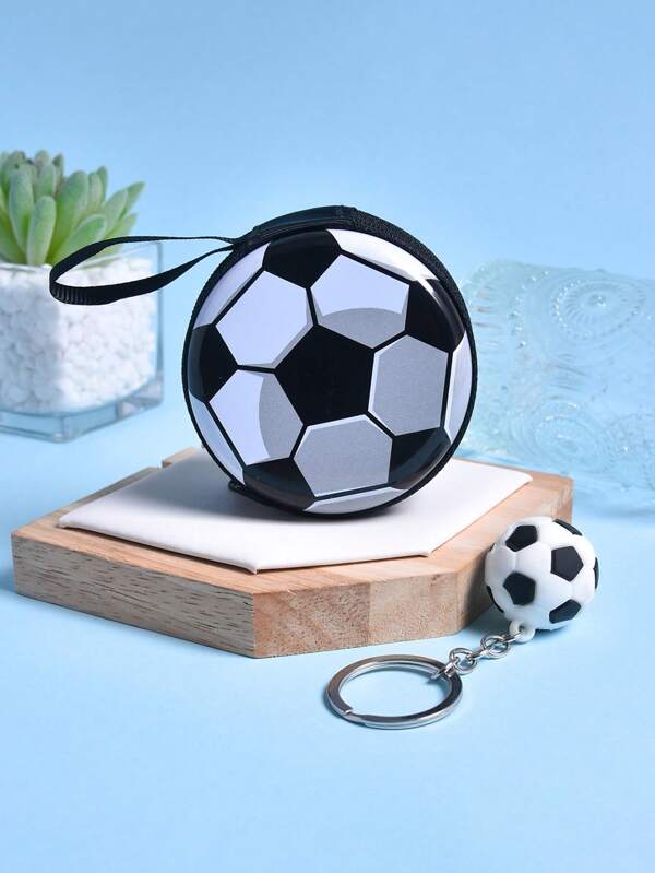 Set Of 2pcs Boys' Soccer Design Zipper Coin Purse & Earphone Case, With Soccer Pendant Keychain