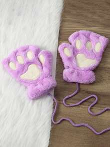 1 Pair Cute Cat Paw Fingerless Gloves, Plush Half-Finger Gloves, Warm & Cold-Resistant, Suitable For Girls Daily Use In Winter (With Rope) - Multicolor - View 16