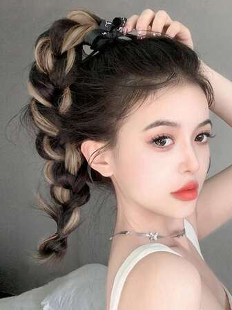 18 pulgadas Peluca de fibra resistente al calor para mujeres blancas, extensión de cola de caballo negra, extensiones de cabello postizo