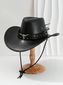 1pc Unisex Solid Color PU Leather Cowboy Hat, Unique Shiny 3D Bull Head Design With Leather & Metal Rivet Wide Belt Decor, Wide Brim Sun Protection Hat, New Vintage Wide Brim Sun Hat, Adjustable Cord Cyberpunk Stylish Cool Novelty Punk Style Wide Brim Cap
