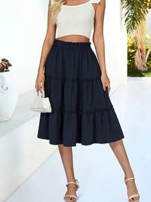 秋季女士中长裙 A 字形休闲长裙 荷叶边多层中长裙 黑色带口袋半身裙 - 藏蓝色 - 查看 2