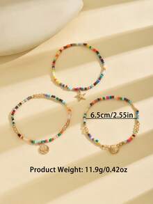 Bộ lắc chân hạt thủy tinh thanh lịch 3 món có mặt dây chuyền hình sao biển và vỏ sò, lắc chân co giãn nhiều lớp đính hạt, phụ kiện phong cách kỳ nghỉ bãi biển mùa hè phù hợp cho mọi mùa (Màu sắc và số lượng ngẫu nhiên) - Nhiều màu - Xem 6