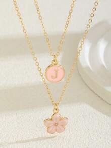 2pcs/Set Fashionable Delicate Sweet Five-Petal Flower & Letter Double Layer Necklace, Suitable For Girls Beach Vacation, Choker Necklace, Can Be Birthday Gift For Family And Friends - Pink - View 2