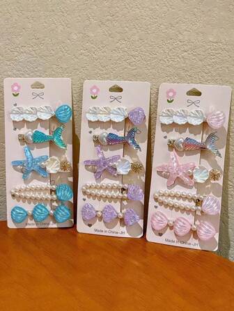 5pcs/Set Adorable Faux Pearl Seashell Starfish Hair Clips For Kids, Cute Bangs Hair Accessories For Beach Holiday, Photo Shoot, Party