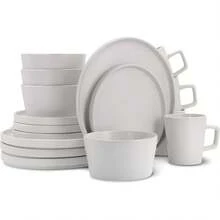 Vajilla moderna de gres 4, 16 piezas: taza, platos hondos, ensaladera y plato tallado. Cubierta de cerámica resistente a  temperaturas para lavavajillas y horno microondas. - Blanco - Ver 9
