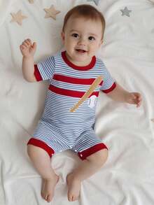 Baby Boy Baseball Embroidered Romper Striped Short Sleeve Waffle Knit Bodysuit Casual Summer Clothes - Blue - View 4