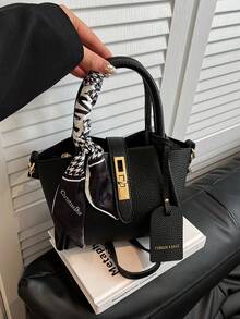 1pc Fashionable Minimalist Buckle PU Tote Bag With Scarf, Suitable For Daily Use - Black - View 8