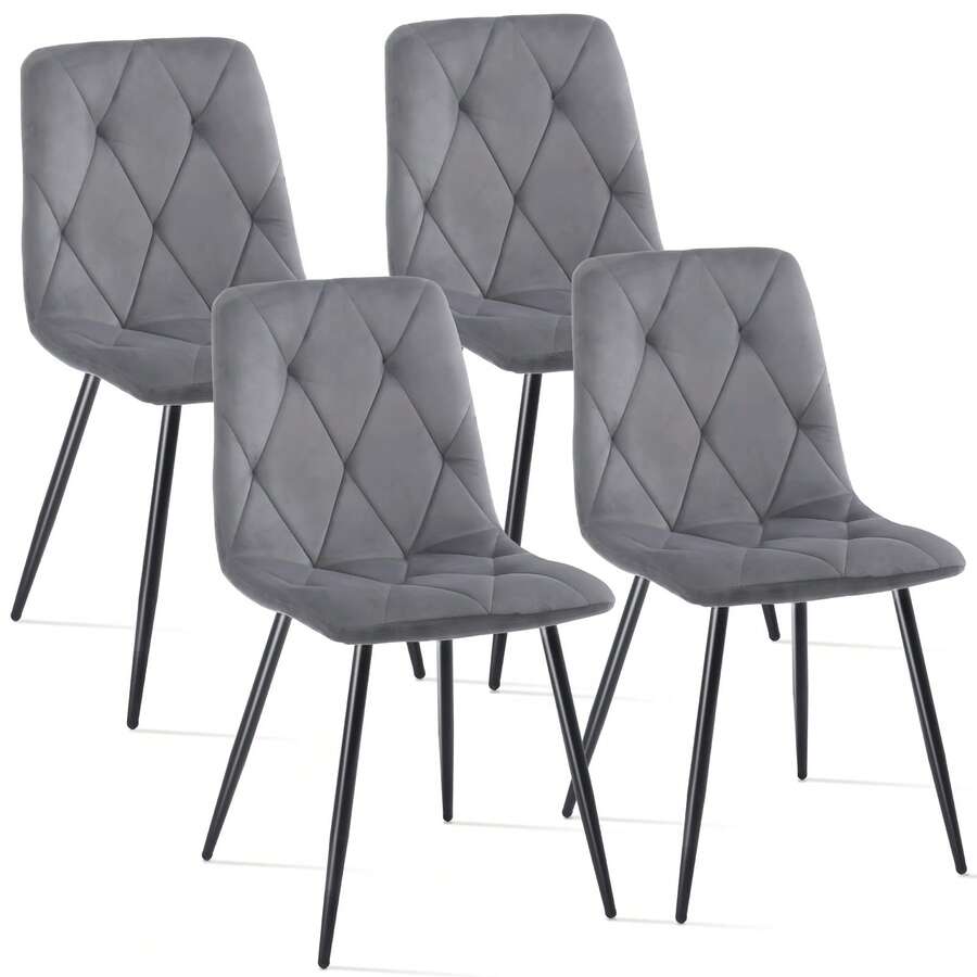 4er-Set Samt Esszimmerstühle Wohnzimmerstuhl mit Rückenlehne Sessel Scandinavian Vintage Gitter-Design Esstischstuhl aus Samt mit Metallbeine (4, grau) - Grau - Übersicht 1