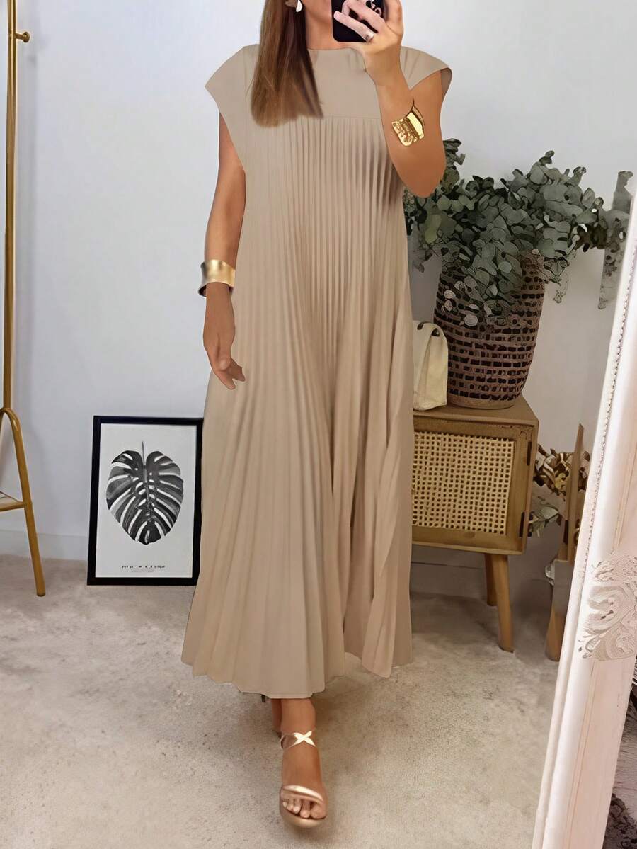 Women's Summer Elegant Solid Color Pleated Long Dress - Khaki - View 1