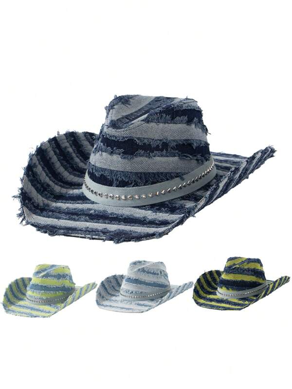 1pc Casual Contrast Color Polyester Rivet Embellished Denim Cap, Striped Contrast, Classic Vintage Washed Denim, Handmade Frayed Edge, Tassel, Heart Rivet Decor, American Retro Party Cowboy Hat