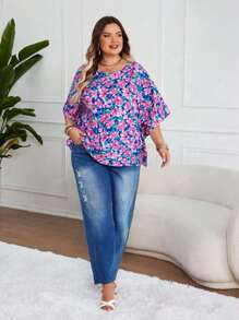 Woven Round Neck Plus Size Batwing Half Sleeve Floral All-Over Print Blouse, Casual Spring/Summer Vacation Wear For Plus Size Women