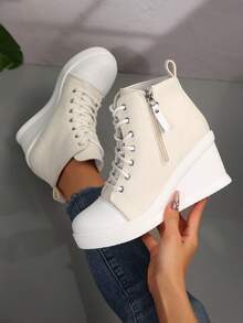 秋冬女士休闲帆布坡跟隐形增高运动鞋 - 白色 - 查看 5