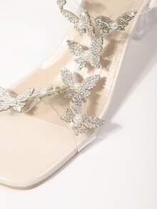 新款蝴蝶结凉鞋，时尚厚底中跟和水晶透明鞋跟，高跟舞鞋，适合青少年，校园风格，高跟舞鞋 - 白色 - 查看 6