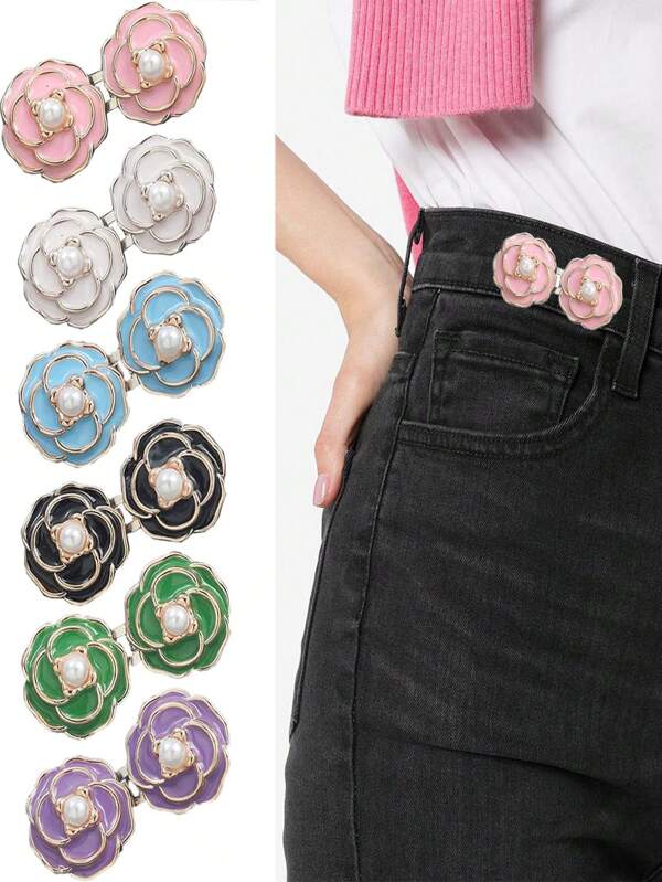 3Sets Superfect Camellia Pants Waist Tightener, No Sewing Adjustable Flower Buttons Pins Buckles, Detachable Pants Clips Buckle For Skirts,Jeans