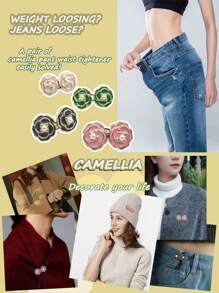 3 jeux de Superfect Camélia Resserrant de taille de pantalon, boutons fleurs, épingles et boucles ajustables sans couture, clips de pantalon détachables pour jupes et jeans