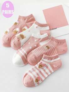 5 Pairs Cute Cat Pattern Crew Socks For Women , Cute Socks, Breathable And Sweat-Absorbent Soft Nude Socks, Suitable For Daily Wear, Holiday Gifts - Multicolor - View 1