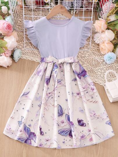 Tween-Mädchen Sommerkleid mit 3D-Schmetterlingsdruck, Flügelärmeln und Gürtel