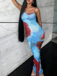 Women's Fitted Printed Dress With Spaghetti Straps, For Holiday,Suitable For Spring Break Vacation, Seaside Vacation, Bikini Outerwear, Night Out, Sister Party, Seaside Party, Pool Party, Holiday Outfit, Natural Party, Chalet Vacation,Vacation Outfits, Holiday Derss, Women Dresses Birthday - Blue - View 3