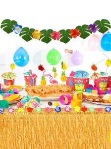 夏威夷宴会热带派对装饰套装 夏威夷桌裙 棕榈叶 芙蓉花 彩色雨伞 水果吸管 菠萝 火烈鸟 夏威夷派对、夏威夷背景、夏威夷装饰 - 彩色 - 查看 2