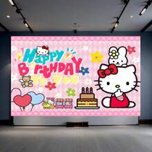 Sanrio Sanrio Family Hello Kitty Happy Birthday Pink Fantasy Scene Balloon Decoration For Birthday Bath Party Background Decoration Banner Vinyl