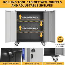 2 Doors High Garage Storage Cabinet With Wheels, Locking Steel Rolling Tools Chest With Handle, Metal Storage Cabinet With 1 Shelves For Garage, Home, Office - Light Gray and Dark Gray Color Matching - View 9